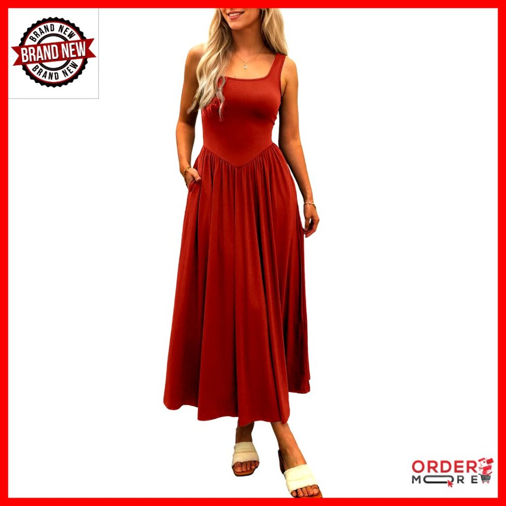 Sleeveless Square Neck Maxi Dress Flowy Patchwork Knit A-Line With Pockets
